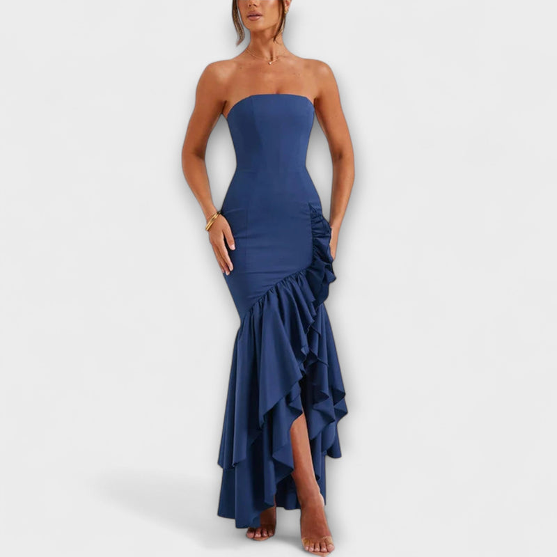Zuri - Off-Shoulder Slim Fit Maxiklänning med asymmetrisk fåll