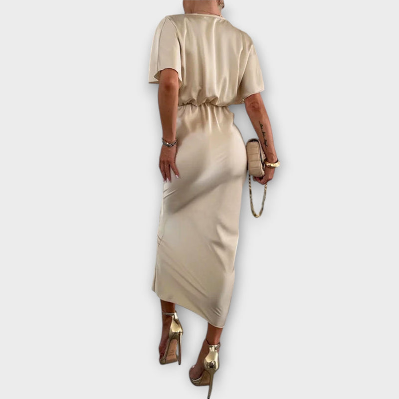 Sable - Solitt Satin V-hals Knytning Slim Fit Maxi Klänning