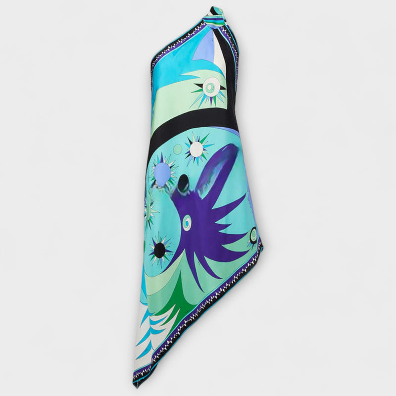 Esme - Unikt Print Satin-Midi-Klänning med Asymmetrisk Kant