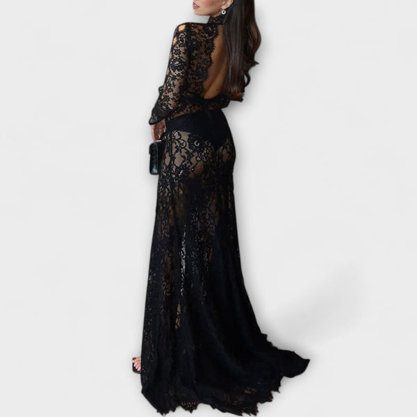 Azalee - Midnight Elegance Transparent Cutout Långärmad Stretch Maxiklänning