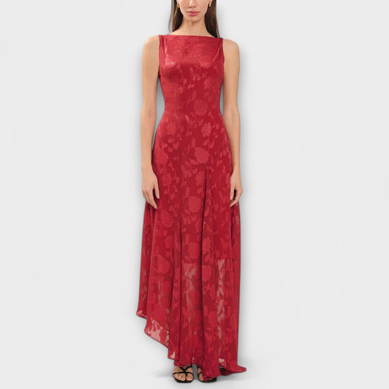 Opal - Elegant rygglös snörning jacquard maxiklänning