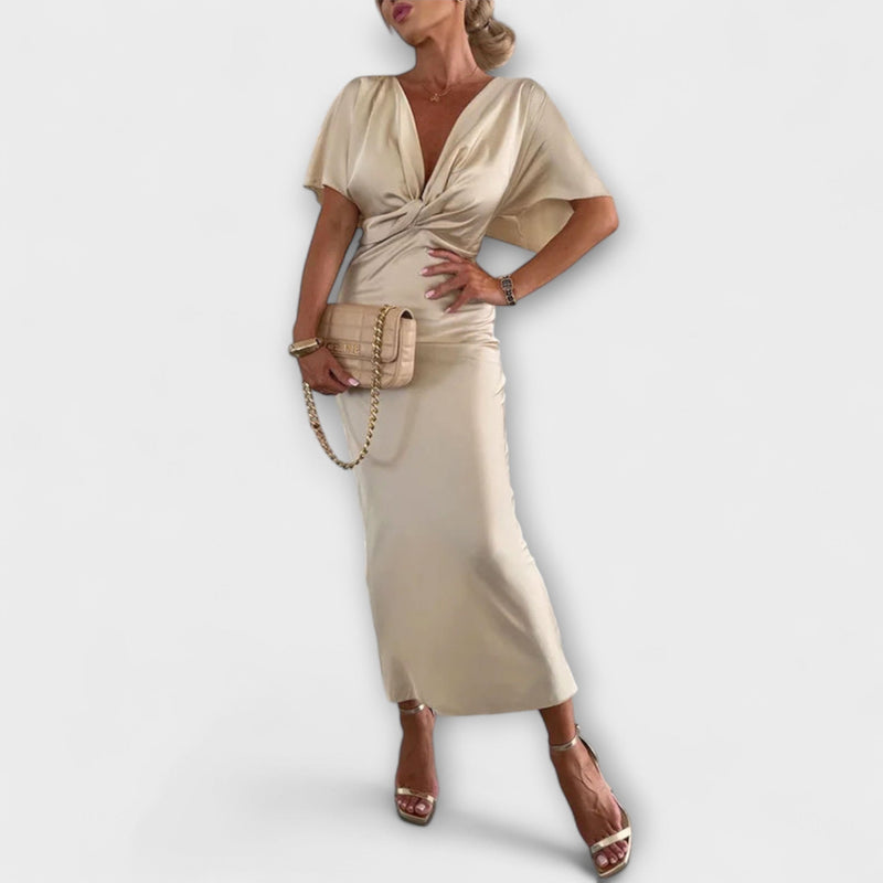 Sable - Solitt Satin V-hals Knytning Slim Fit Maxi Klänning