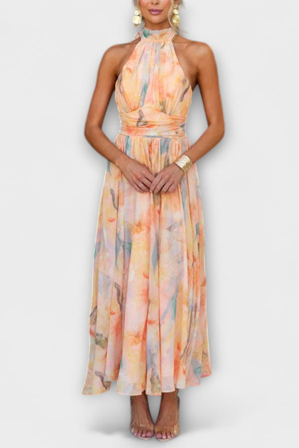 Halter-Neck Aquarelltryck Maxi Klänning