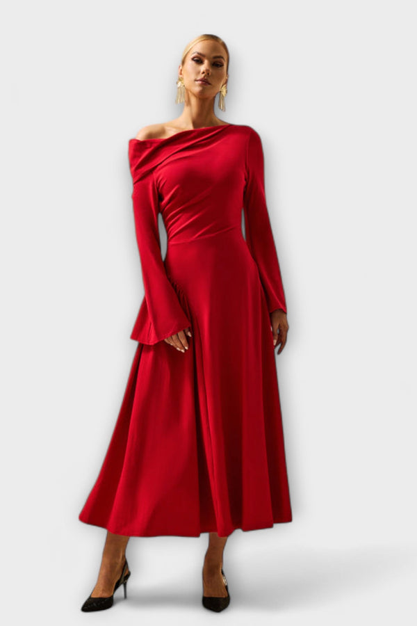Willa - Off-Shoulder Midi-Klänning med rynkade ballärmar