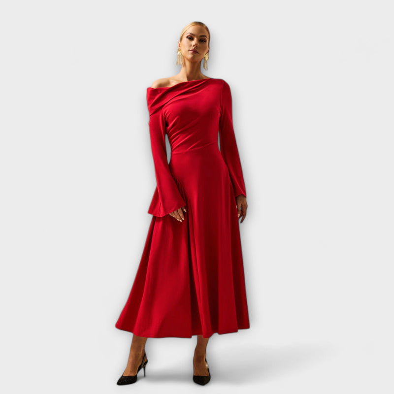 Willa - Off-Shoulder Midi-Klänning med rynkade ballärmar