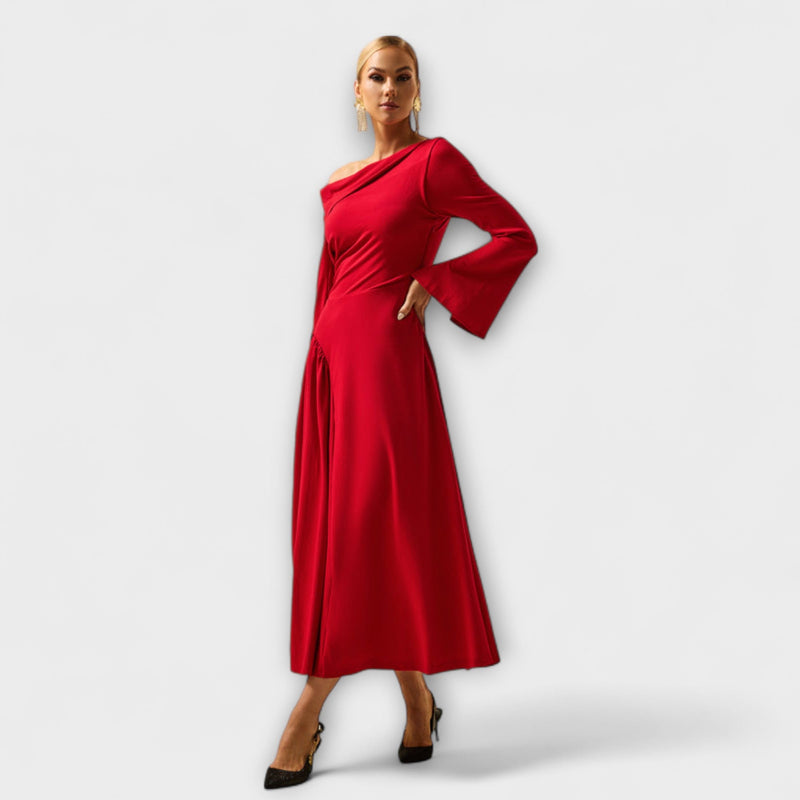 Willa - Off-Shoulder Midi-Klänning med rynkade ballärmar