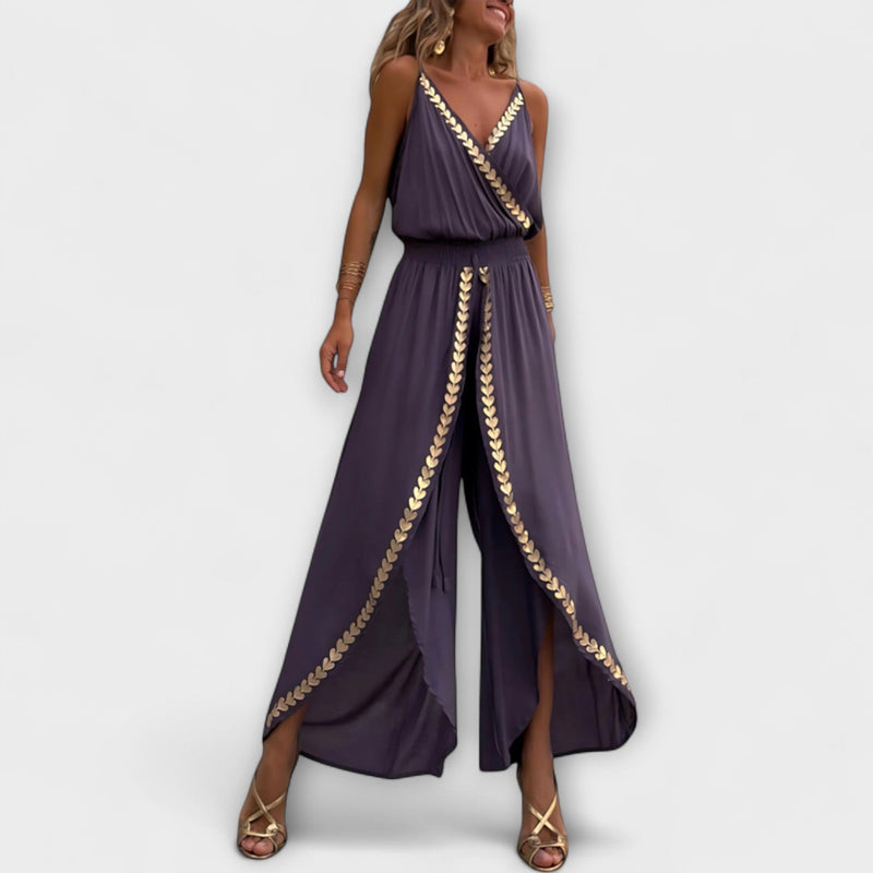 Angela - Donatila V-ringad jumpsuit med broderi och öppna ben