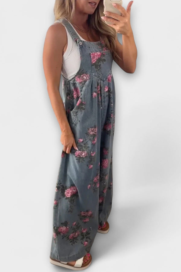 Bethany - Blommönster Vid Denim Hängselbyxor