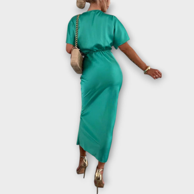 Sable - Solitt Satin V-hals Knytning Slim Fit Maxi Klänning