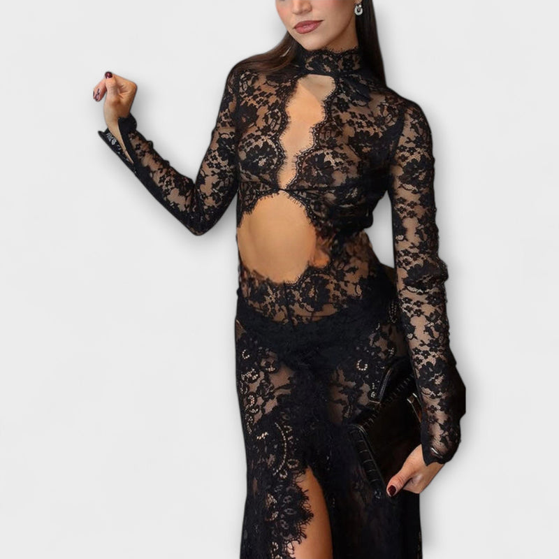 Azalee - Midnight Elegance Transparent Cutout Långärmad Stretch Maxiklänning