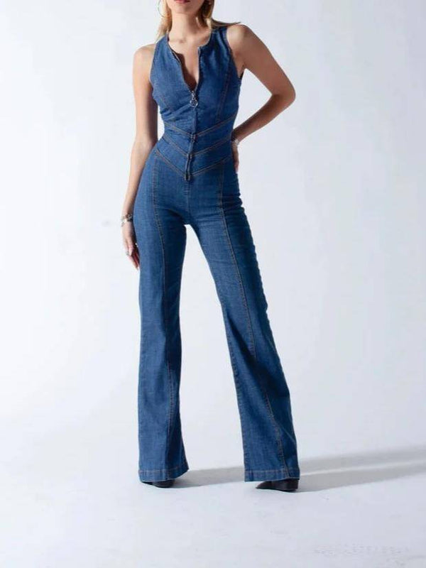 Gabriella - Denim-Overall med vida ben och knytband i ryggen