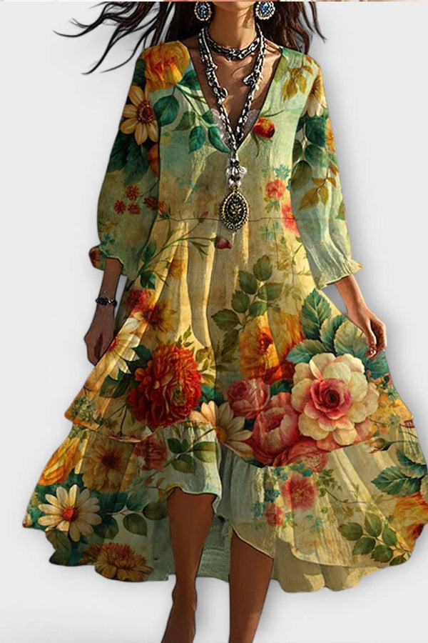 Marina - Vintage Boho Blommönster V-ringad Klänning