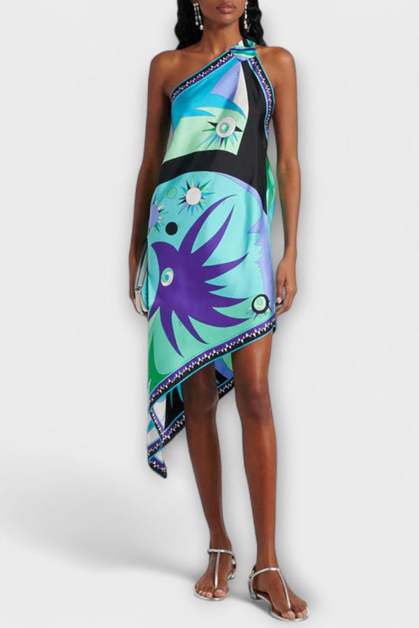 Esme - Unikt Print Satin-Midi-Klänning med Asymmetrisk Kant