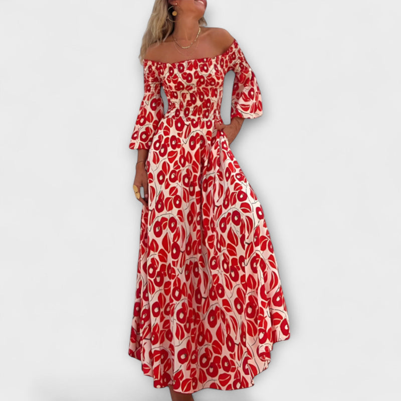 Bella - Off-Shoulder Klänning med Havblommor