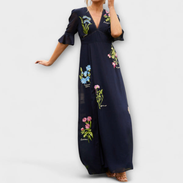 Beatrice - Elegant Navy Blå Klänning med Blomsterbroderi