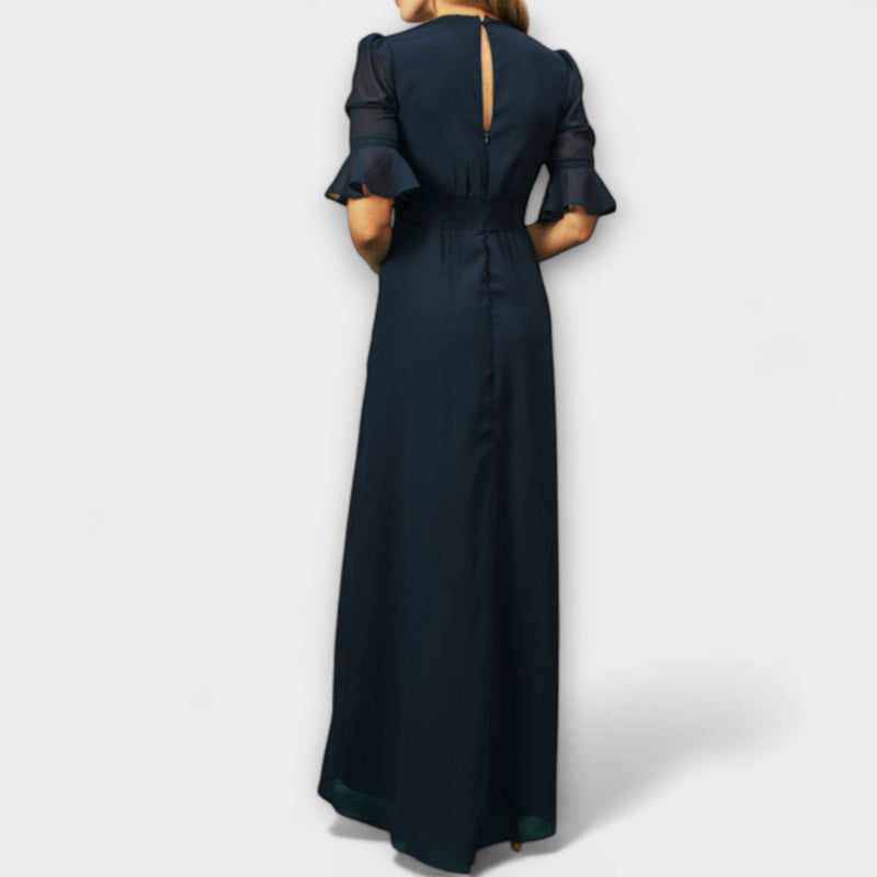 Beatrice - Elegant Navy Blå Klänning med Blomsterbroderi