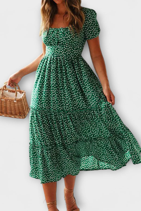 Vintage Blommönster Puffärmad Maxiklänning
