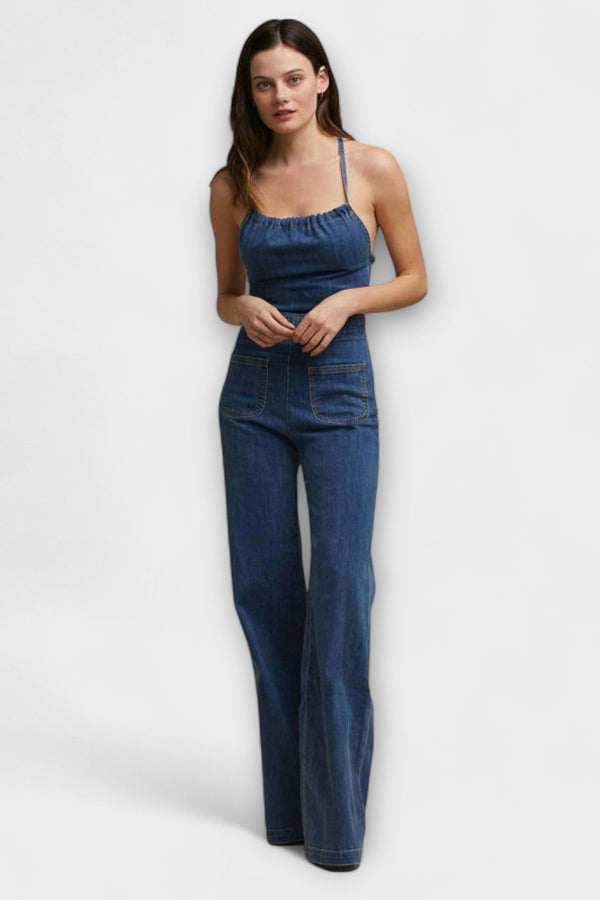 Julie - Utsvängd Denim-Jumpsuit med Banddetalj