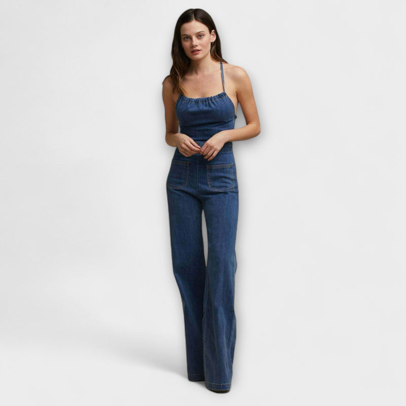 Julie - Utsvängd Denim-Jumpsuit med Banddetalj