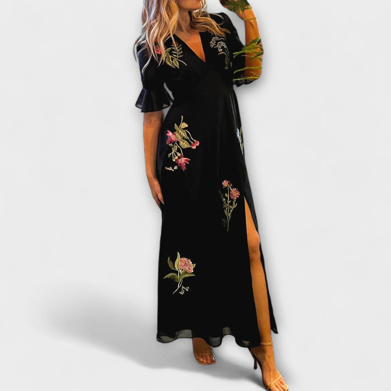 Beatrice - Elegant Navy Blå Klänning med Blomsterbroderi