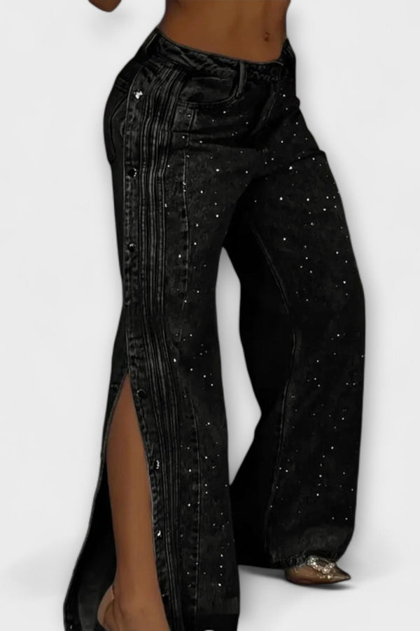 Nola - Högmidjade jeans med strass och sidoknappar