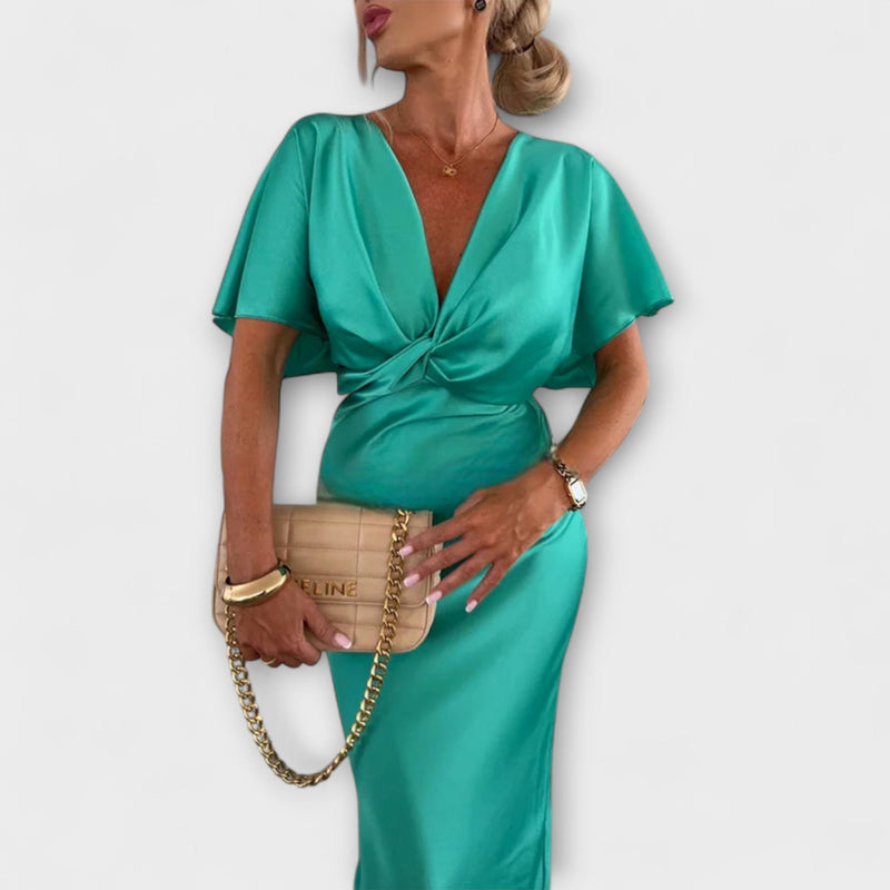 Sable - Solitt Satin V-hals Knytning Slim Fit Maxi Klänning