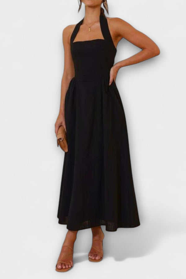 Lydia - Mid-Length Svart Halterneck Klänning med Midje Detalj