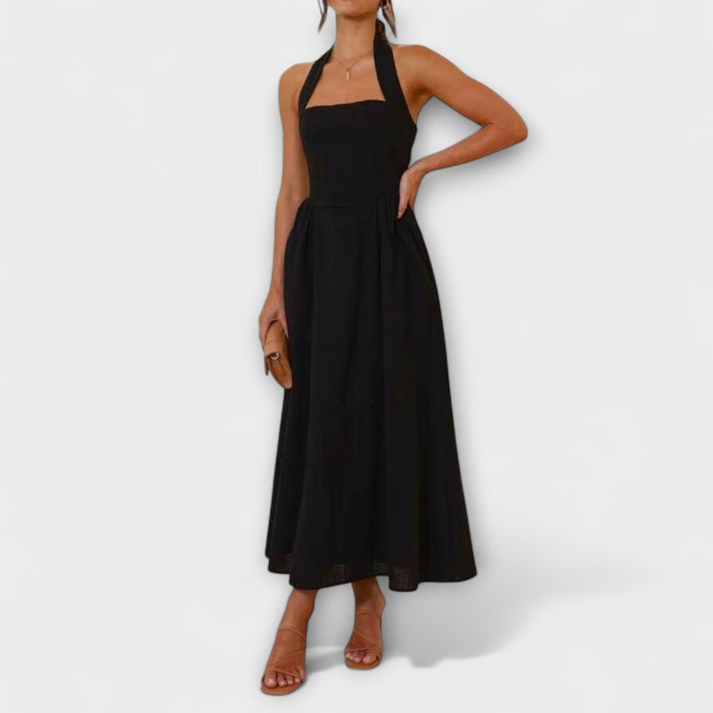 Lydia - Mid-Length Svart Halterneck Klänning med Midje Detalj