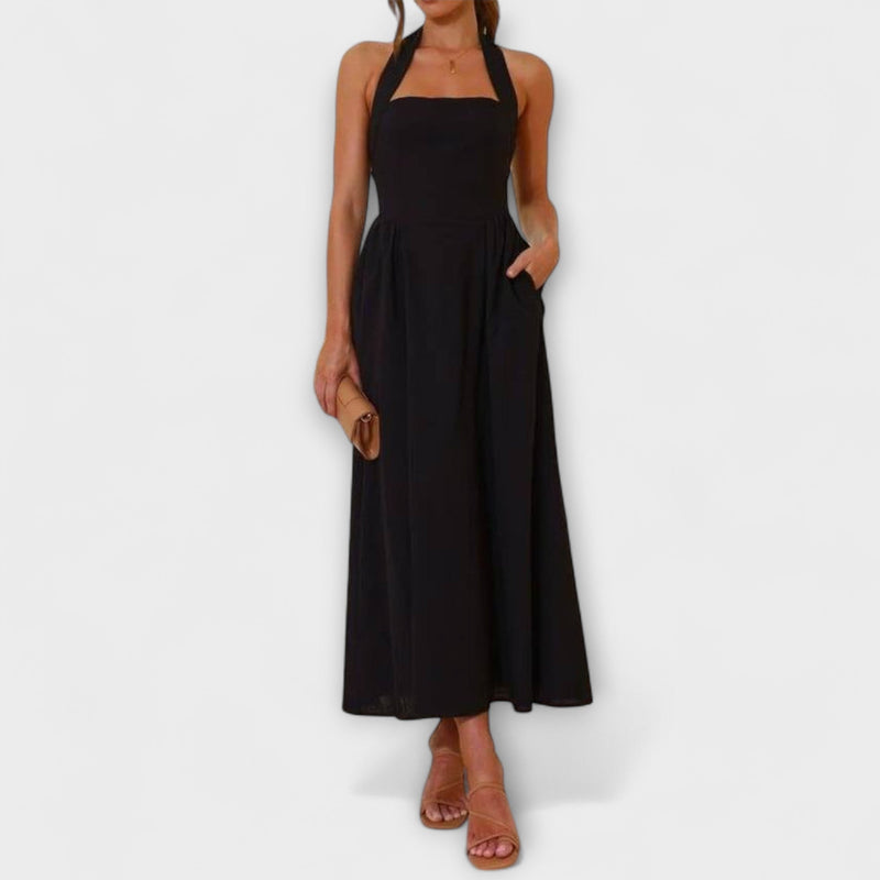 Lydia - Mid-Length Svart Halterneck Klänning med Midje Detalj