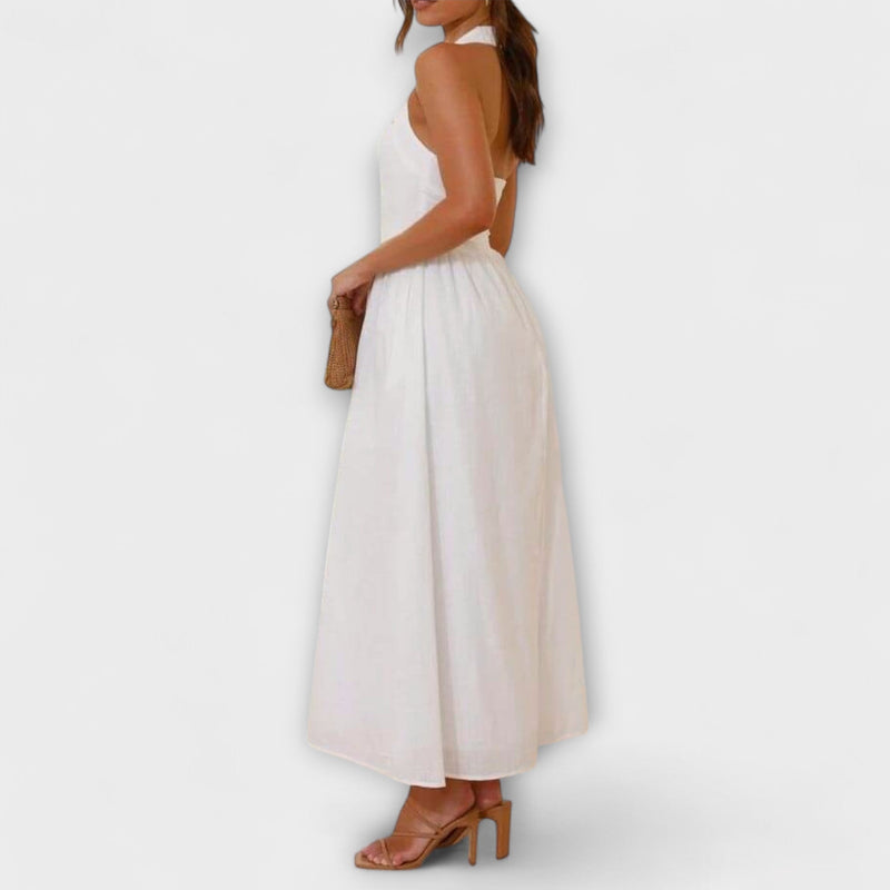 Lydia - Mid-Length Svart Halterneck Klänning med Midje Detalj
