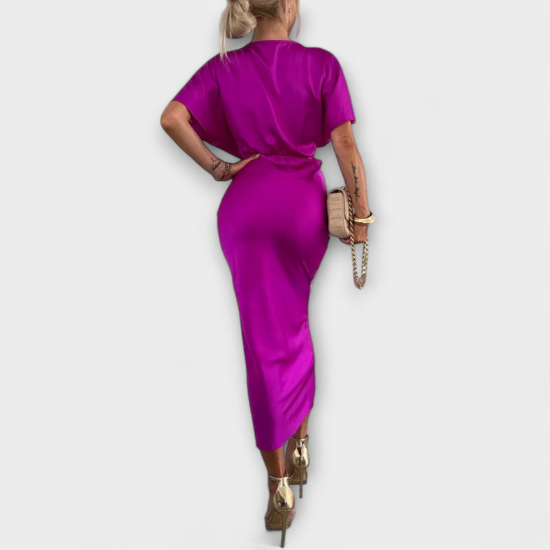 Sable - Solitt Satin V-hals Knytning Slim Fit Maxi Klänning