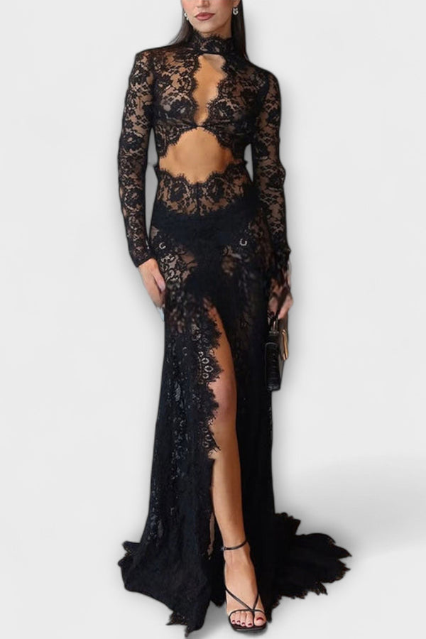 Azalee - Midnight Elegance Transparent Cutout Långärmad Stretch Maxiklänning