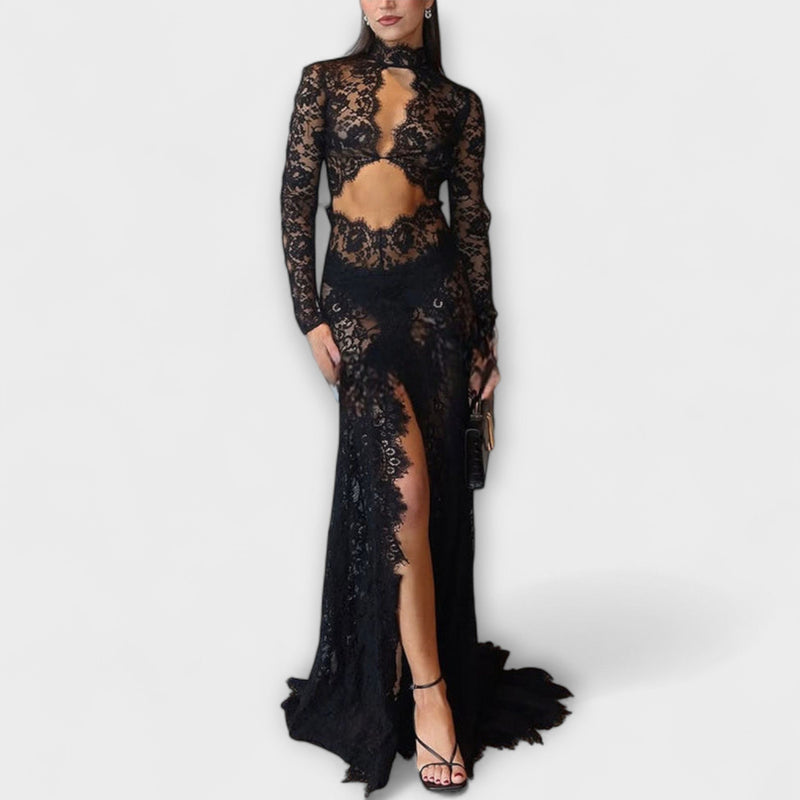 Azalee - Midnight Elegance Transparent Cutout Långärmad Stretch Maxiklänning