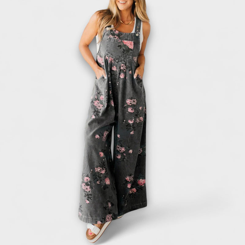 Bethany - Blommönster Vid Denim Hängselbyxor