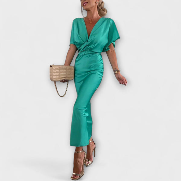 Sable - Solitt Satin V-hals Knytning Slim Fit Maxi Klänning
